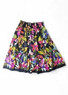 Chaudry KC 100% Cotton Tiered Abstract Floral Smocked Waist Boho Midi Skirt, M